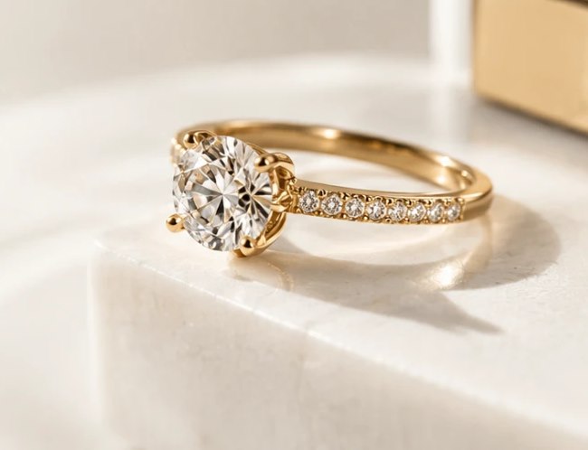 Aliança de ouro com diamante sobre uma superfície de mármore claro