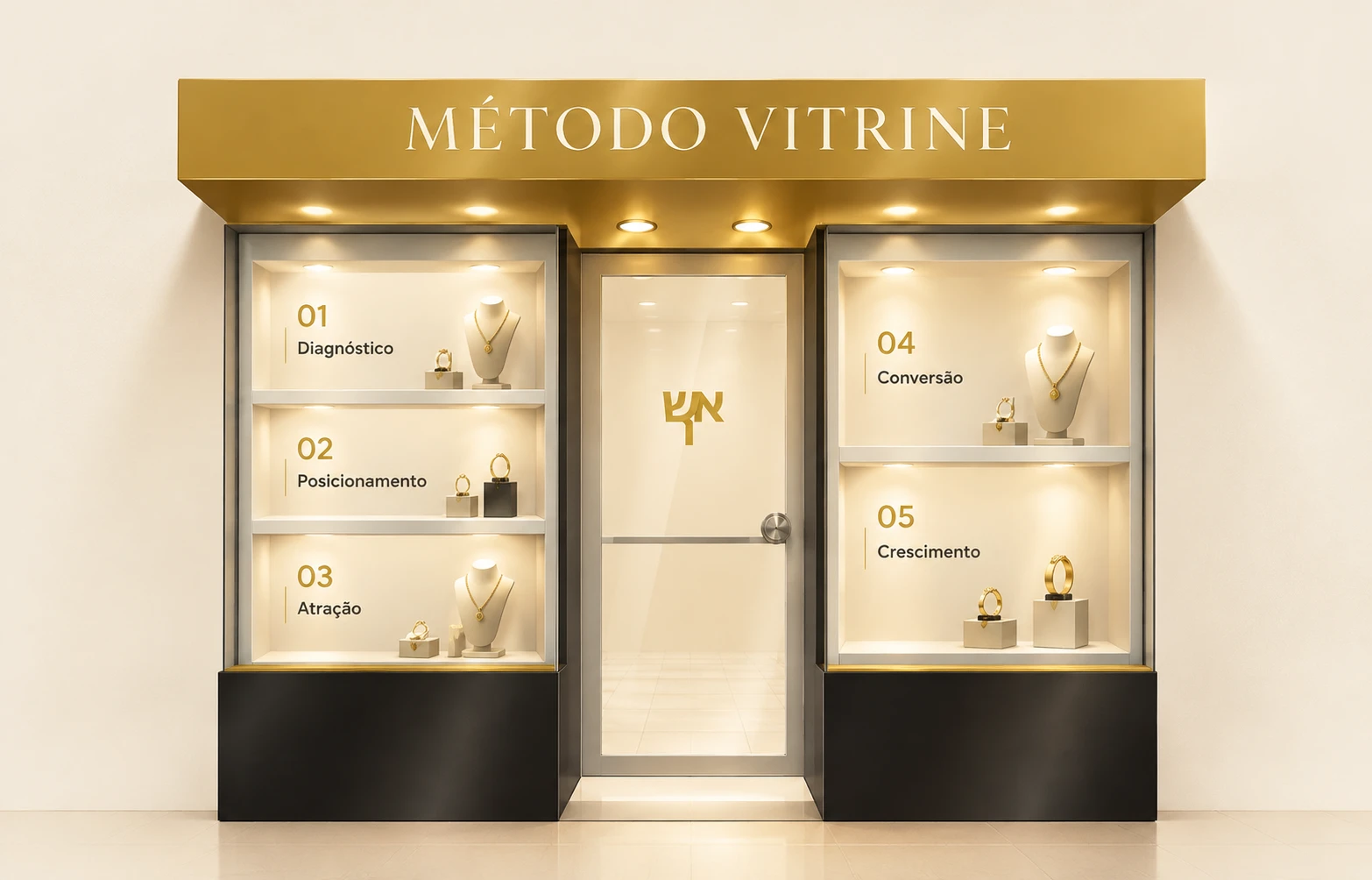 Vitrine dourada do Método VITRINE, com as cinco etapas expostas nas prateleiras e o símbolo dourado da marca na porta